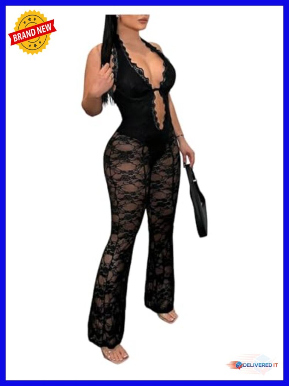 Deep V Neck Backless Halter Bodycon Sheer Lace Jumpsuit Clubwear - Picture 1 of 4